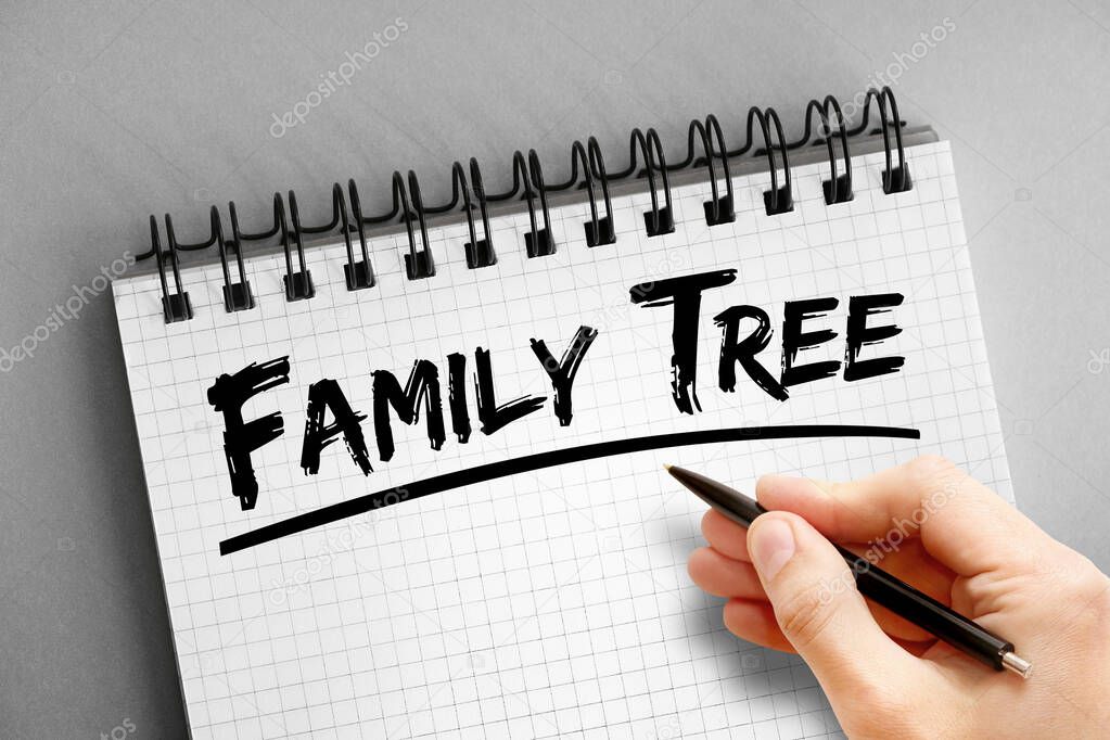 Family tree text on notepad, concept background