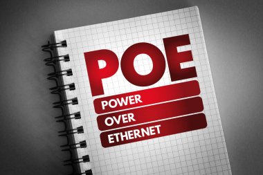 PoE - Not defterindeki Ethernet kısaltması üzerinde güç, teknoloji kavramı arka planı
