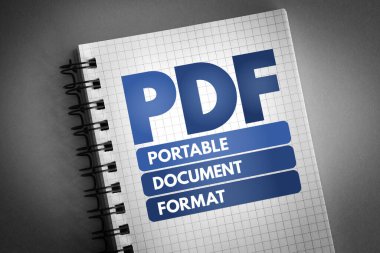 PDF - Not defterindeki Taşınabilir Belge Biçimi kısaltması, teknoloji kavramı arka planı