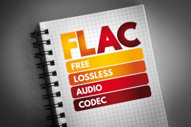 FLAC - Not defterinde Serbest Kayıpsız Ses Kod kısaltması, teknoloji kavramı arka planı