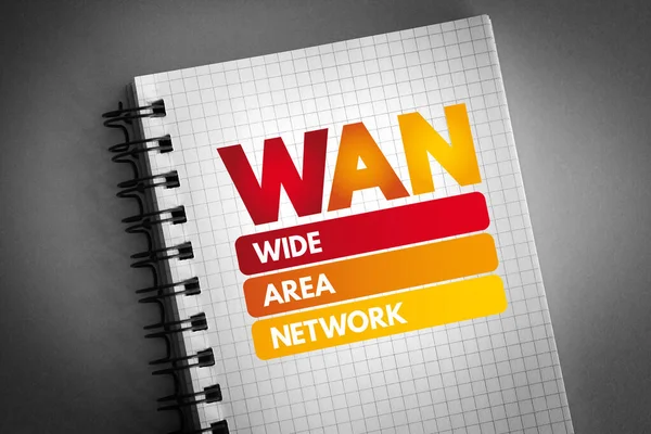 Wan Wide Area Network Mozaikszó Jegyzettömbön Technológiai Koncepció Háttér — Stock Fotó