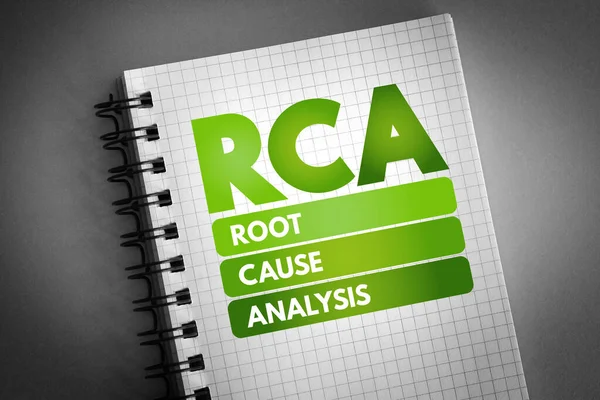RCA - Root Cause Analysis acronym on notepad, concept background