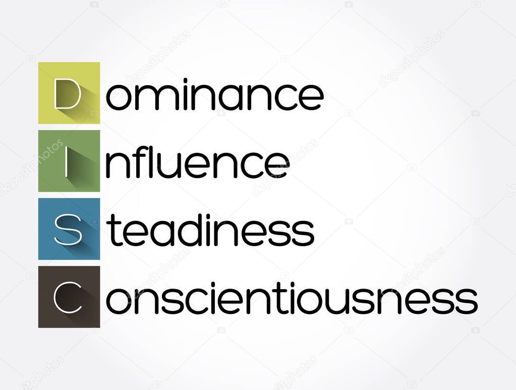 DISC, Dominance, Influence, Steadiness, Conscientiousness, acronym - personal assessment tool to improve work productivity, business and education concept