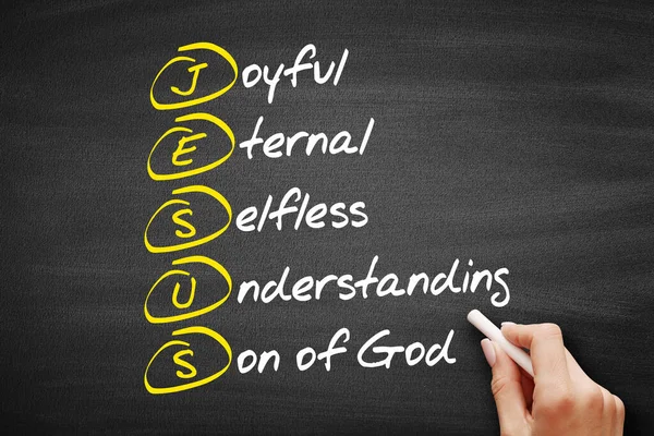 Jesus Joyful Eternal Selfless Understanding Son God Acronym Concept Blackboard — Stock Photo, Image