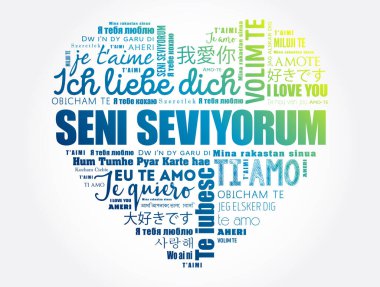 Seni seviyorum (Türkçe seni seviyorum) dünyanın farklı dillerinde kalp kelime bulutu