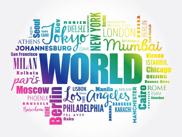 World Word Cloud Concept Made Words Noms Villes Contexte Concept — Image vectorielle