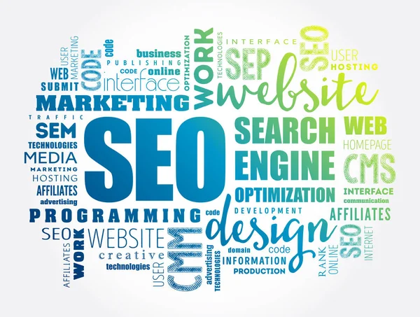 Seo Search Engine Optimization Word Cloud Collage Background Concettuale Tecnologico — Vettoriale Stock