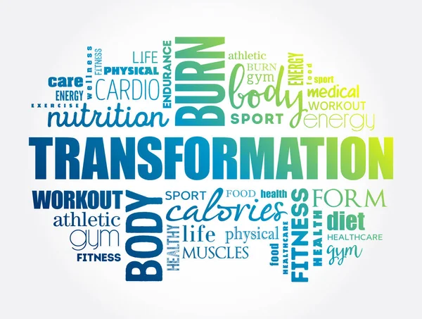 Transformación Palabra Nube Fitness Deporte Salud Concepto Fondo — Vector de stock