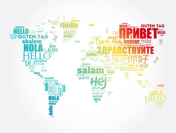 Olá Diferentes Idiomas Word Cloud Mapa Mundo Business Concept Background — Vetor de Stock