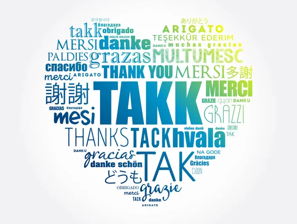 Takk Thank You Icelandic Love Heart Word Cloud Different Languages — Stock Vector