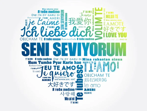 Seni Seviyorum Amo Turco Amor Corazón Palabra Nube Diferentes Idiomas — Vector de stock