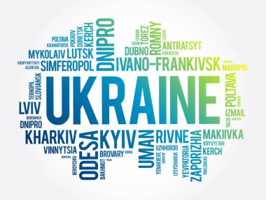 Ukrayna kelime kolajı, iş ve seyahat konsepti geçmişindeki şehirlerin listesi