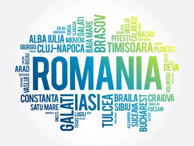 Romanya 'daki şehirlerin listesi kelime kolajı, iş ve seyahat kavramı geçmişi