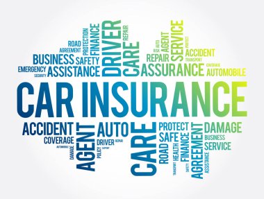 Araba sigortası kelimesi bulut kolajı, iş konsepti geçmişi