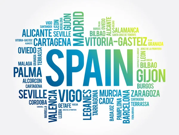Spanya Daki Şehirlerin Listesi Kelime Bulutu Spanyol Belediyeleri Seyahat Kavramı — Stok Vektör