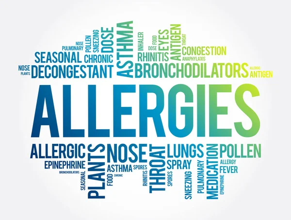 Allergies Mot Nuage Collage Santé Concept Arrière Plan — Image vectorielle