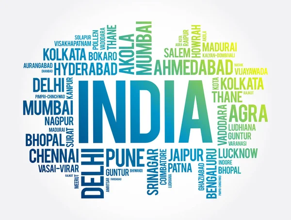 Lista Ciudades India Palabra Cloud Collage Business Travel Concept Background — Vector de stock