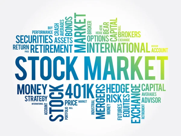 Mercado Valores Palabra Nube Collage Fondo Concepto Negocio — Vector de stock