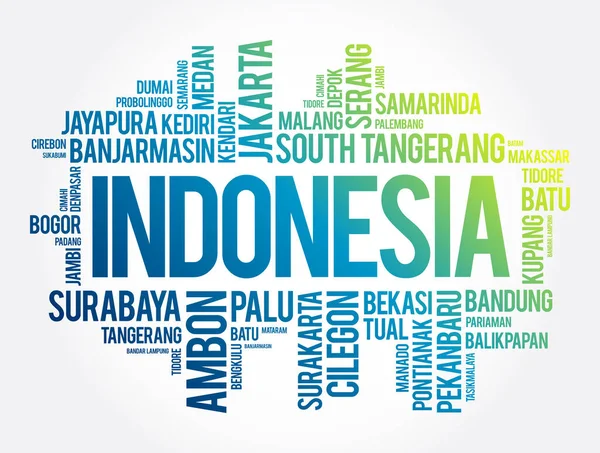 Lista Miast Miasteczek Indonezji Kolaż Chmurze Słów Kontekst Koncepcji Biznesu — Wektor stockowy