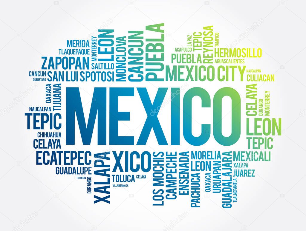 List of cities and towns in Mexico, word cloud collage, business and travel concept background