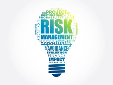 Risk Yönetimi ampul kelime bulut kolajı, iş konsepti arka plan