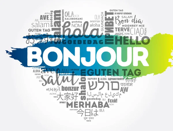 Bonjour Bonjour Salut Français Nuage Mots Cœur Dans Différentes Langues — Image vectorielle