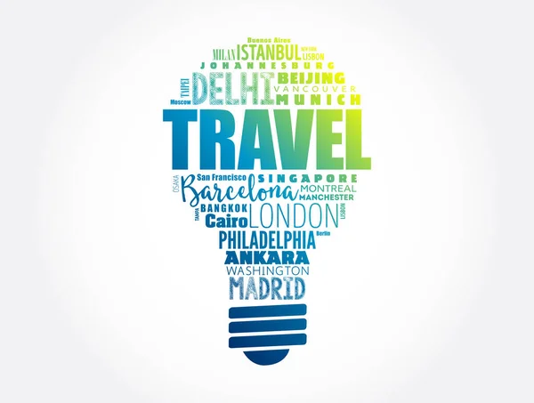 Travel Light Bulb Word Cloud Made Words Cities Names Concept — Stock Vector