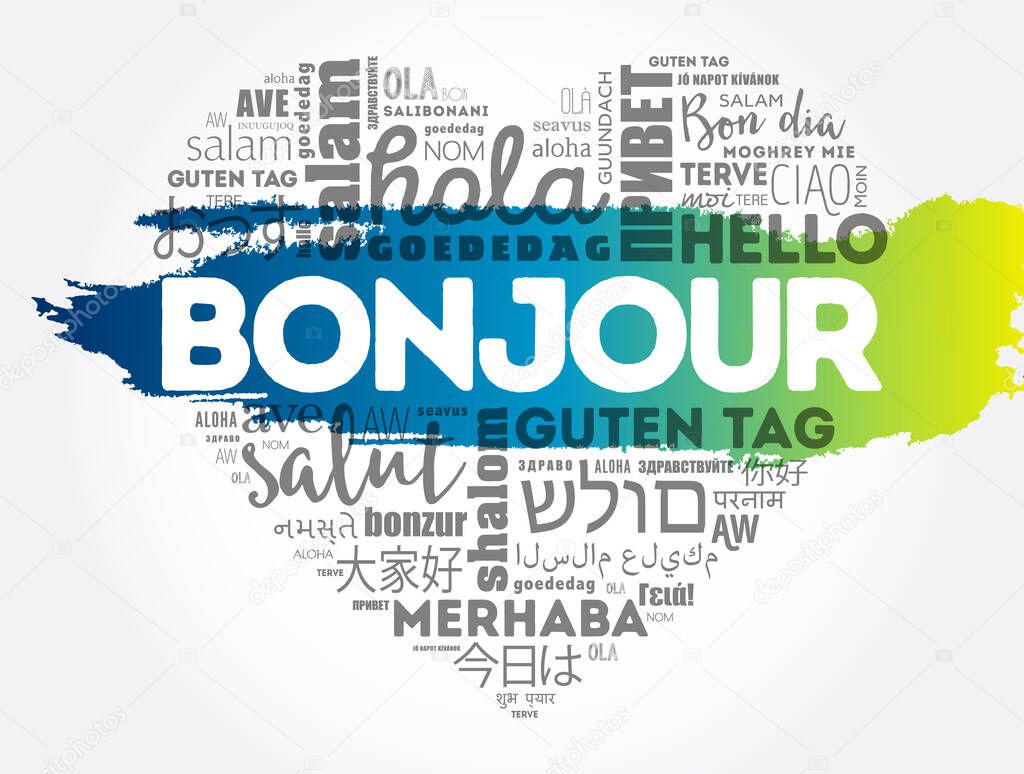 Bonjour (Hello Greeting in French) heart word cloud in different languages of the world