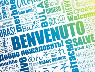 Benvenuto (İtalyanca Hoşgeldiniz) kelime bulutu farklı dillerde, kavramsal arka planda