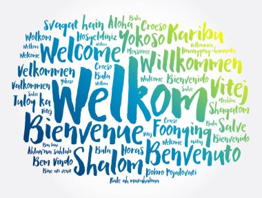 Welkom (Welcome in Afrikaans) word cloud in different languages, conceptual background clipart