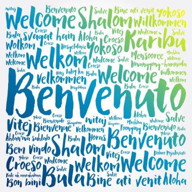Benvenuto (İtalyanca Hoşgeldiniz) kelime bulutu farklı dillerde, kavramsal arka planda