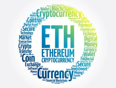 ETH veya Ethereum kripto para birimi kelime bulut kolajı, iş konsepti arka plan