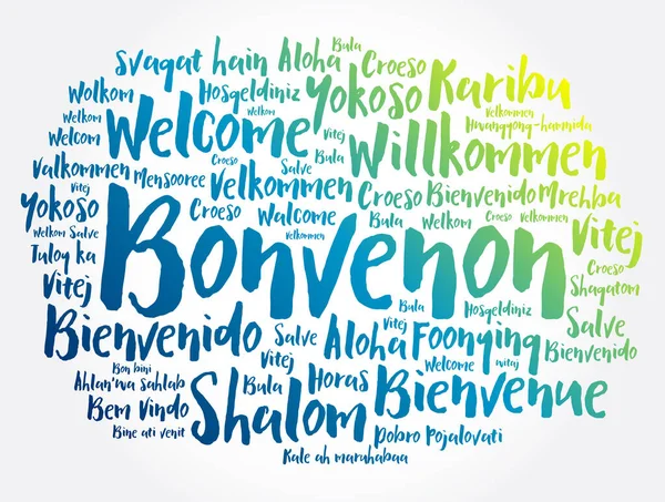 Bonvenon エスペラント語でようこそ 異なる言語でのワードクラウド — ストックベクタ
