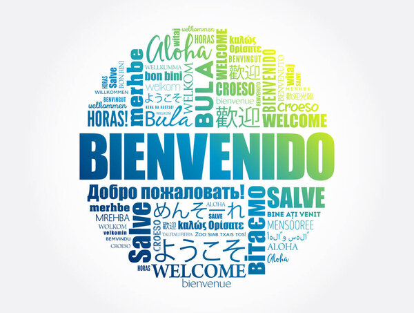 Bienvenido (Welcome in Spanish) word cloud in different languages, conceptual background