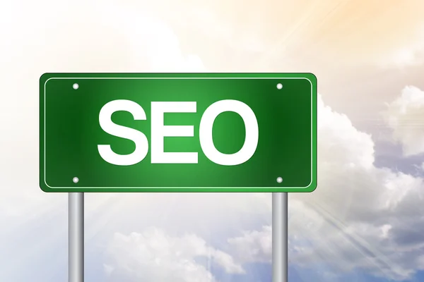 SEO, Search Engine Optimization, zielony znak drogowy, biznes conce — Zdjęcie stockowe