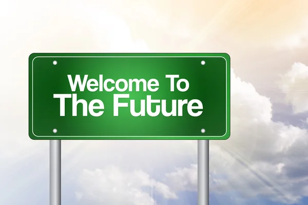Välkommen till The framtid grön vägskylt, business begreppsmässigt — Stockfoto