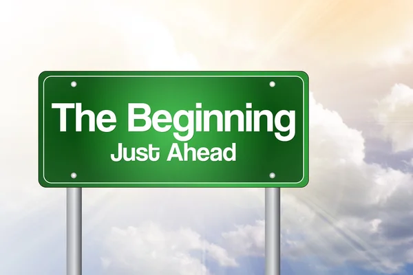 The Beginning, Just Ahead Green Road Sign, business concep — Stock Photo, Image