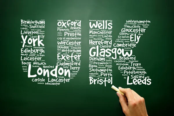 Ηνωμένο Βασίλειο χέρι συντάσσονται γράμματα με πόλεις ονόματα λέξεις σύννεφο αντίληψης για την β — Φωτογραφία Αρχείου