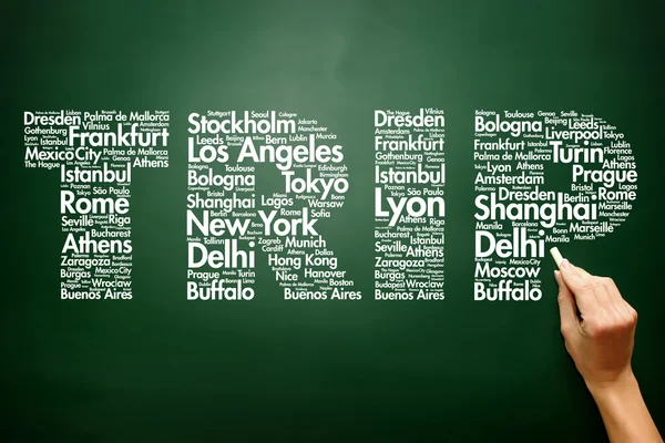 TRIP conceito de viagem feita com palavras nomes de cidades, negócios conce — Fotografia de Stock