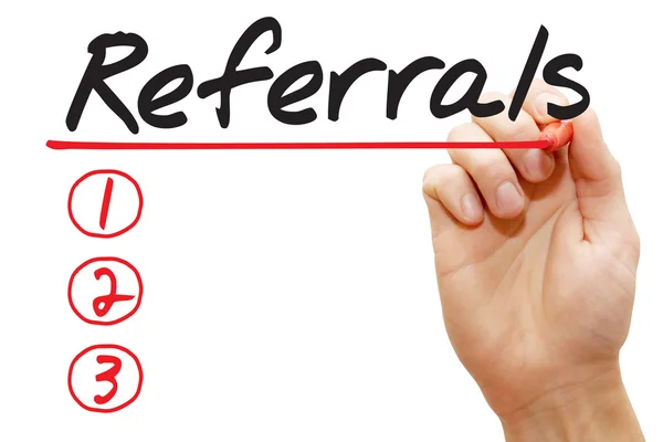 Hand writing Referrals List, business concep — Stock Photo, Image