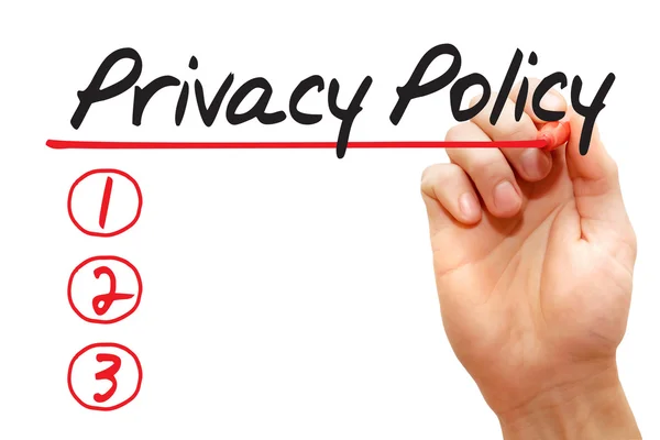 Hand skriva Privacy Policy lista, business begreppsmässigt — Stockfoto