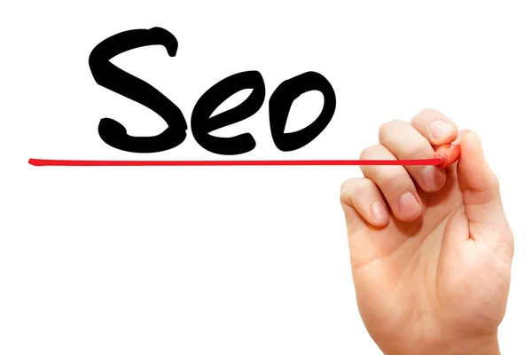 Hand skriva Seo (Search Engine Optimization), business begreppsmässigt — Stockfoto