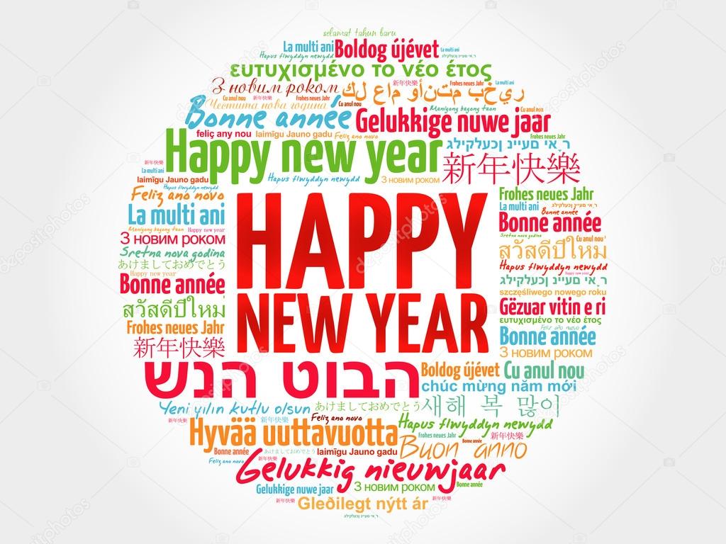 Happy New Year in different languages, celebration card