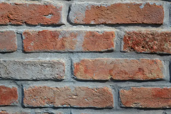 Metselwerk Van Rode Bakstenen Met Grijze Cement Close Oppervlak Voor — Stockfoto