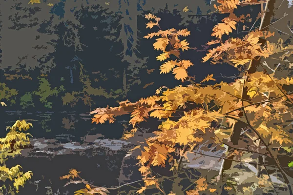 Autumn Landscape Pond Foreground Right Yellow Rowan Leaves Illustration — Stock Photo, Image