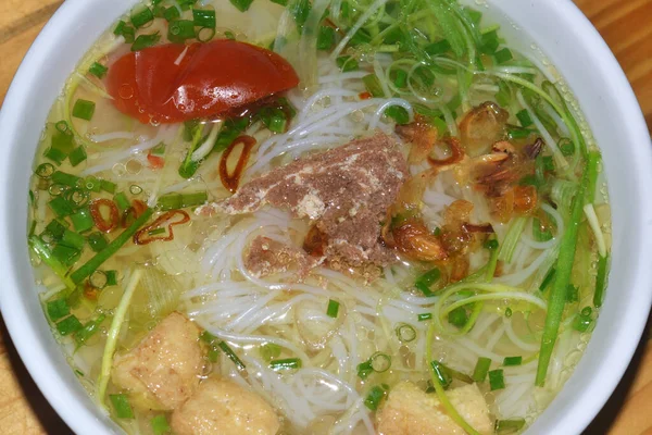 Plate Vietnamese Soup Beef Noodles Onions Top View — Stock Photo, Image