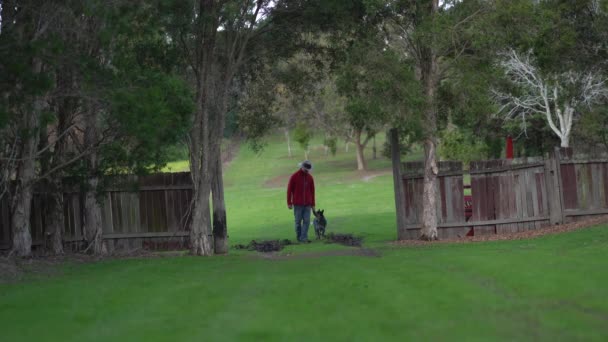 Un hombre camina hacia la cámara y entrena a un cachorro para caminar por el talón. — Vídeos de Stock