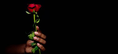 Sevgililer Günü vesilesiyle el ele tutuşan Kırmızı Gül 'ün yakın plan kopyası olan siyah bir arkaplanda seçici bir şekilde izole edilmiş hali.