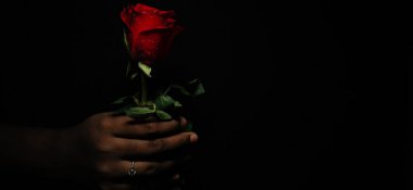 Sevgililer Günü vesilesiyle el ele tutuşan Kırmızı Gül 'ün yakın plan kopyası olan siyah bir arkaplanda seçici bir şekilde izole edilmiş hali.