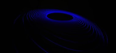 Siyah arka planda izole edilmiş Neon mavisi Spirograph geometrik desene yakın çekim. Hafif boyama tekniği ile yapılmış, uzun pozlama. Sarkaç deseni. Işık yolları. Dalgalar. Işınlar. Çakra. Mandela. 